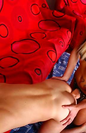 Beautiful blonde mistress lets her spike heel slide into her slaves asshole after wild strapon femdom fucking